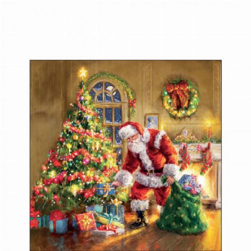 Santa legt Geschenke unterm Baum  - Servietten 25x25cm